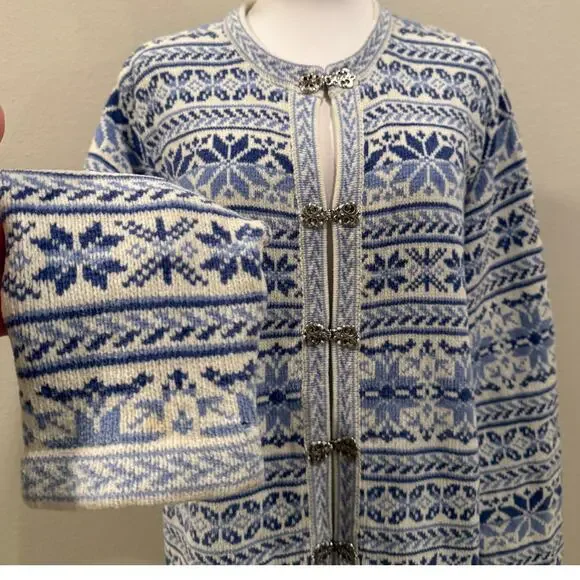 Croft Barrow Nordic Fair Isle Cardigan Blue White XL Snow Ski Grandmacore Cabin - Picture 3 of 9